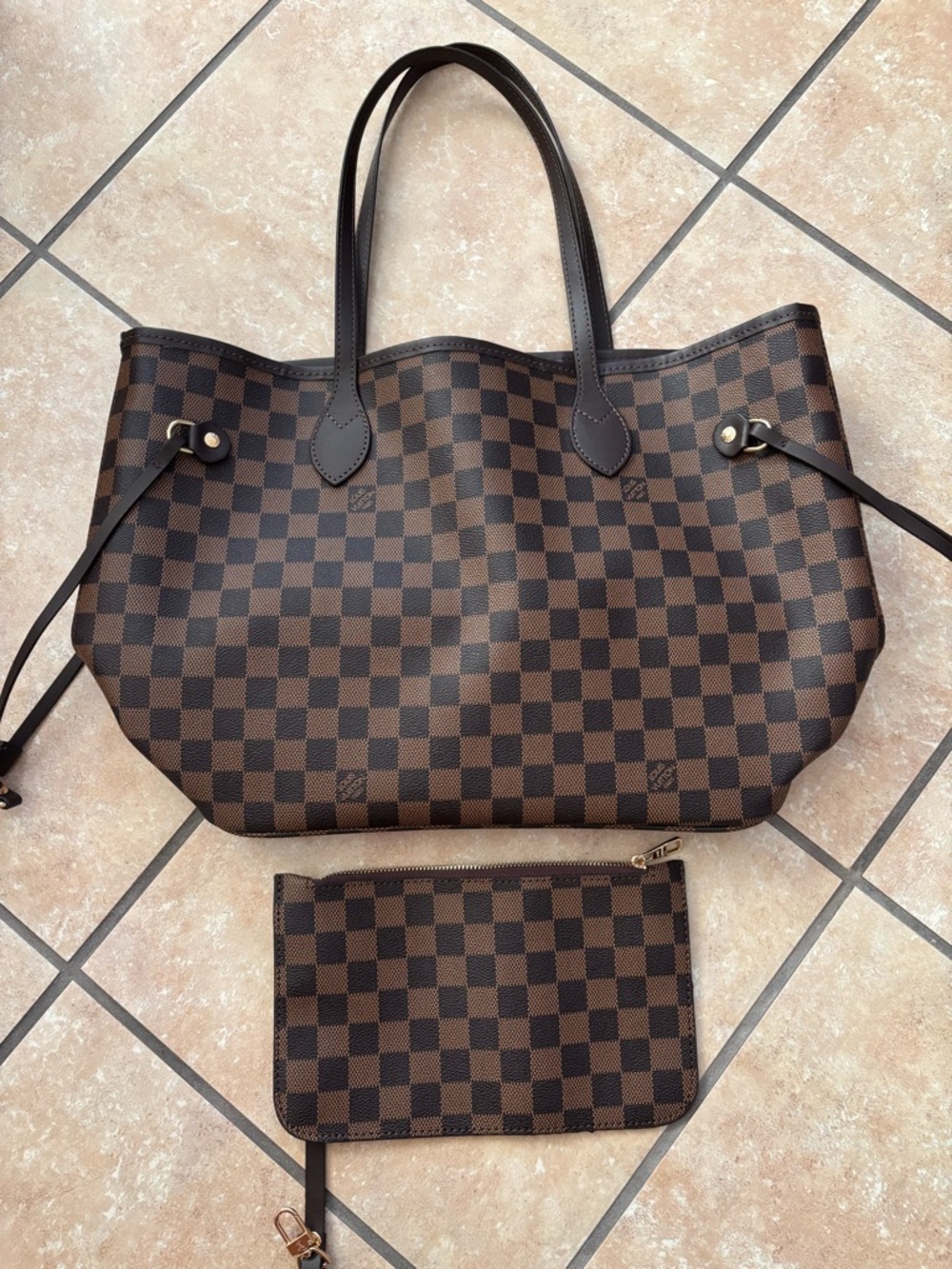 Brown Checkered Tote with Matching Pouch - Women's Everyday Shoulder Bag